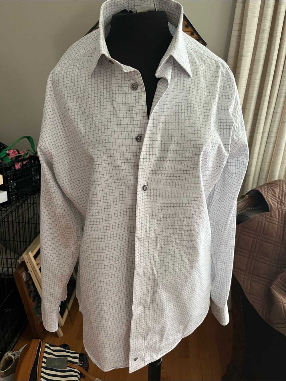 David Donahue White Button-Up Shirt with Subtle Black Grid